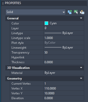 Bang Properties trong AutoCAD 2026 hien o Transparency bang 50