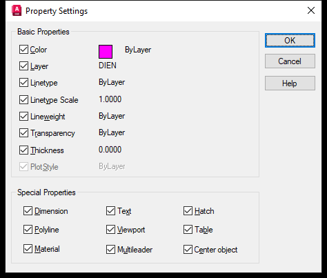 Hộp thoại Property Settings của lệnh MATCHPROP trong AutoCAD 2026 với nhóm Basic Properties và nhóm Special Properties