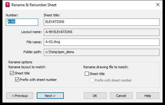 Hộp thoại Rename và Renumber Sheet sau khi đổi số hiệu thành A-99, ô Layout name hiện A-99 ELEVATIONS