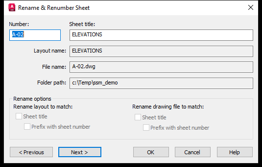 Hộp thoại Rename và Renumber Sheet với nhóm Rename layout to match bị làm mờ vì không tìm thấy tệp DWG