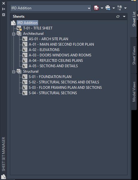 Bảng Sheet Set Manager trong AutoCAD 2026 với bộ bản vẽ mẫu