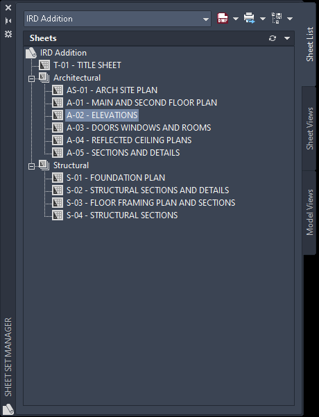 Bảng Sheet Set Manager trong AutoCAD 2026 với cây danh sách tờ bản vẽ chia theo nhóm Architectural và Structural