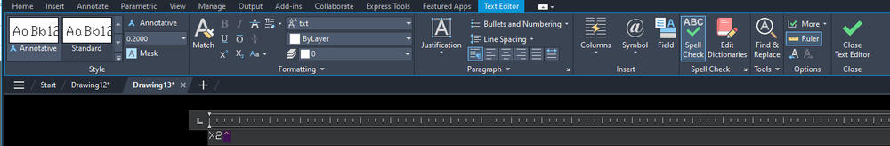 Thẻ Text Editor trên ribbon AutoCAD 2026 với bảng Formatting chứa nút Stack, Superscript, Subscript và bảng Insert chứa nút Symbol