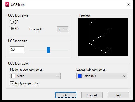 Hộp thoại UCS Icon trên AutoCAD 2026 với kiểu 3D, cỡ 50 và hai ô chọn màu
