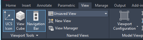 Thẻ View trên ribbon AutoCAD 2026, bảng Viewport Tools với nút UCS Icon đang bật