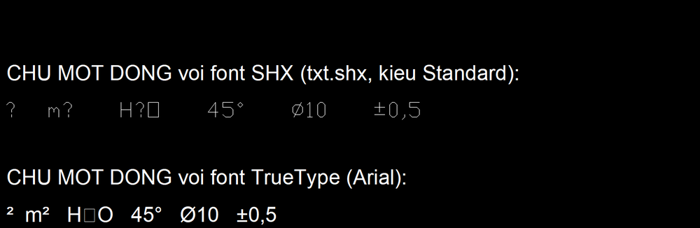 Thử chuỗi Unicode trong chữ một dòng AutoCAD 2026 với font txt.shx và font Arial