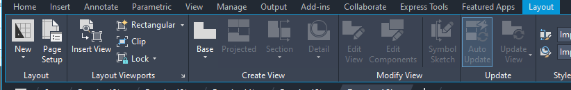 Tab Layout tren ribbon AutoCAD 2026, nut Clip trong bang Layout Viewports