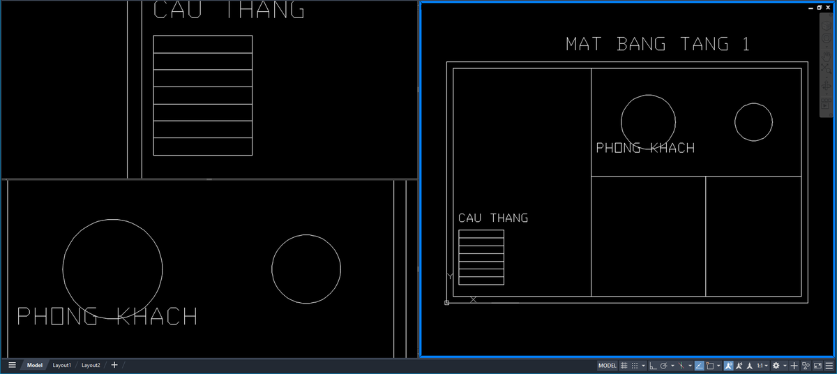 Man hinh Model AutoCAD 2026 chia ba khung nhin, moi khung mot muc phong