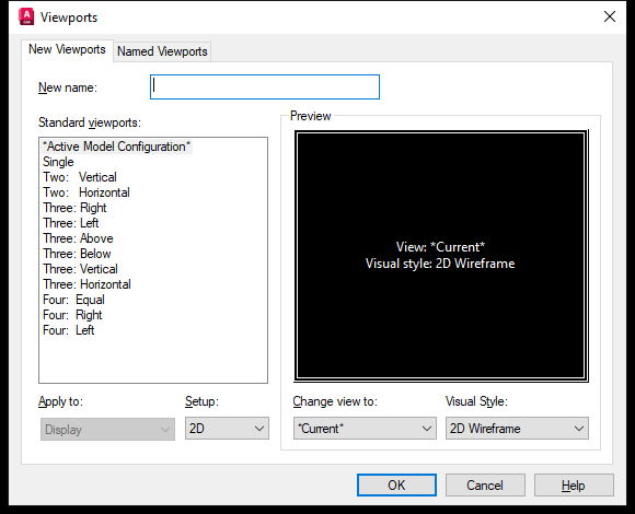 Hop thoai Viewports tren AutoCAD 2026, the New Viewports