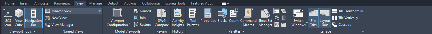 Tab View tren ribbon AutoCAD 2026 va bang Model Viewports