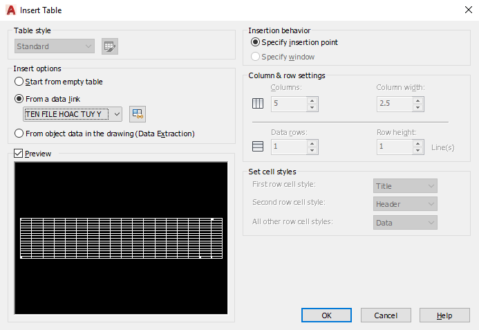 Phần III: Chèn Excel vào CAD bằng công cụ Data Link...