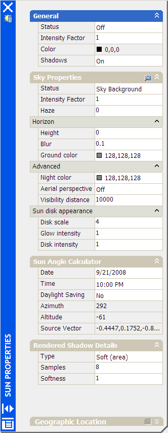 Cửa sổ Sunproperties khi mở với lệnh Sunproperties trong AutoCAD