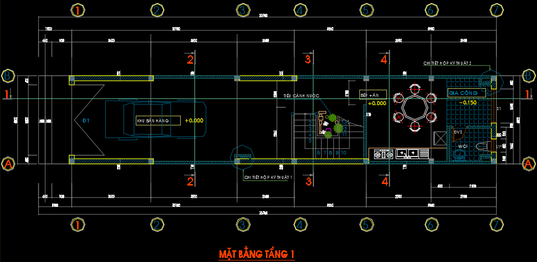 Mat bang tang 1 nha pho 3 tang 4x20m, khu ban hang va bep